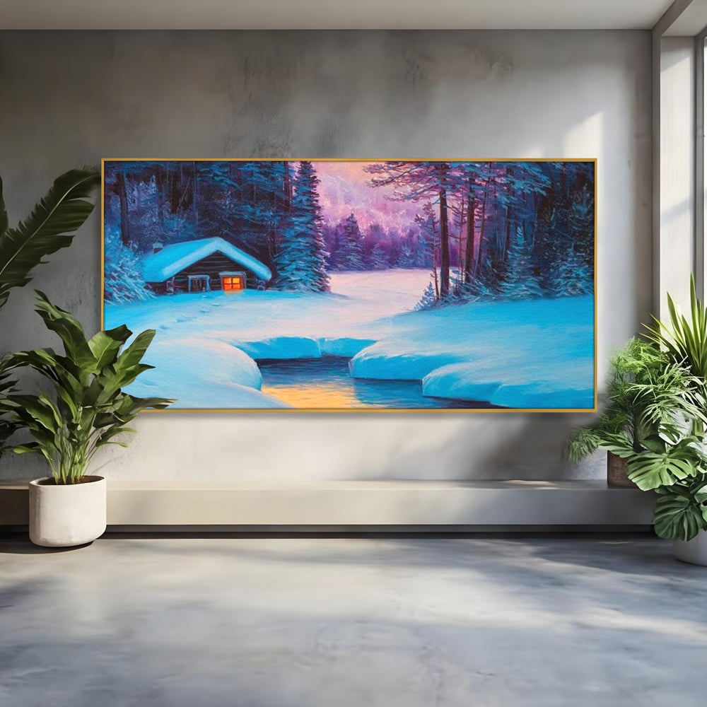 Tablou canvas cu pictura cu cabana inzapezita si parau, in rama de aluminiu auriu
